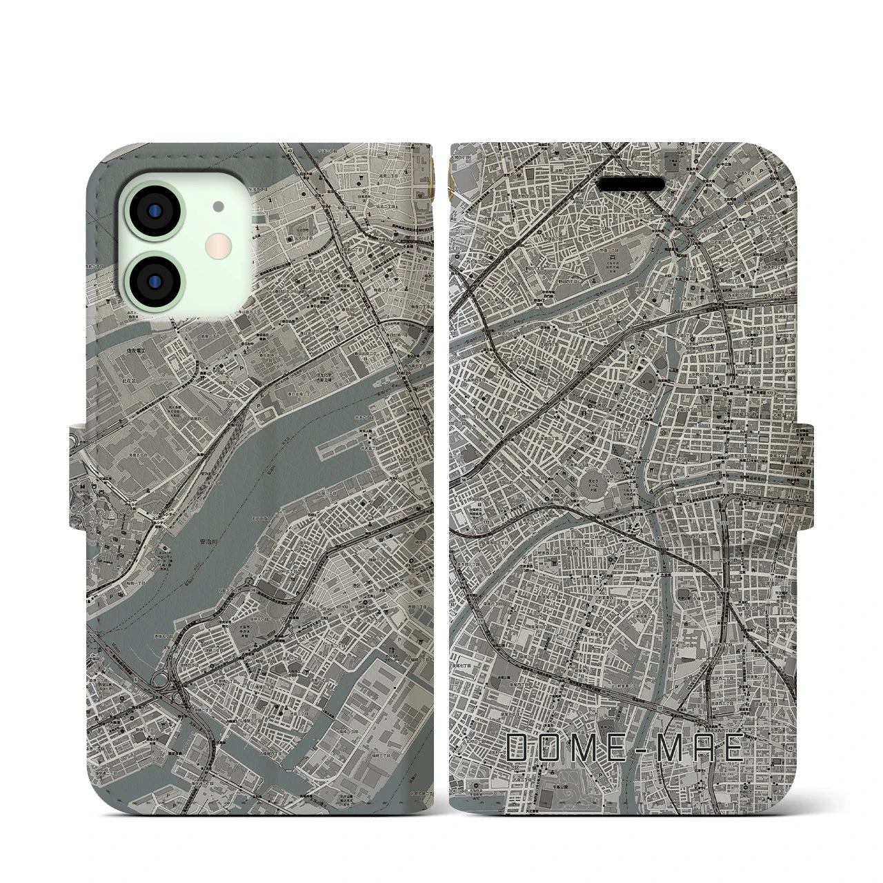 【ドーム前(大阪府)】地図柄iPhoneケース(手帳タイプ)モノトーン・iPhone 12 mini 用