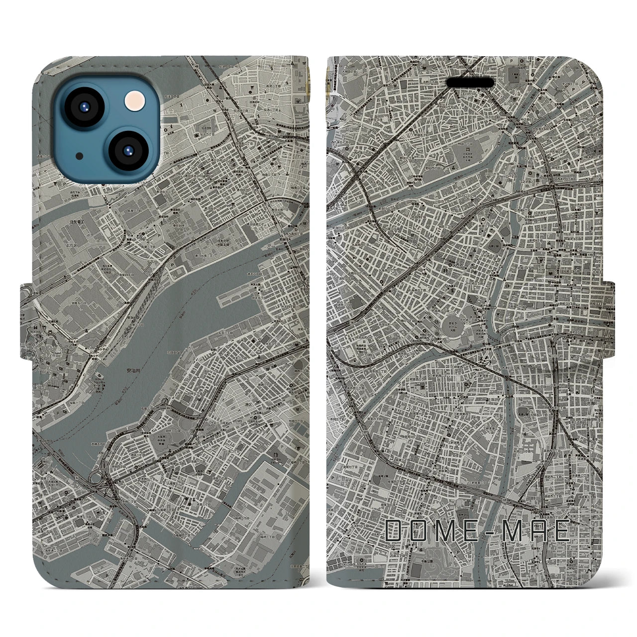 【ドーム前(大阪府)】地図柄iPhoneケース(手帳タイプ)モノトーン・iPhone 13 用