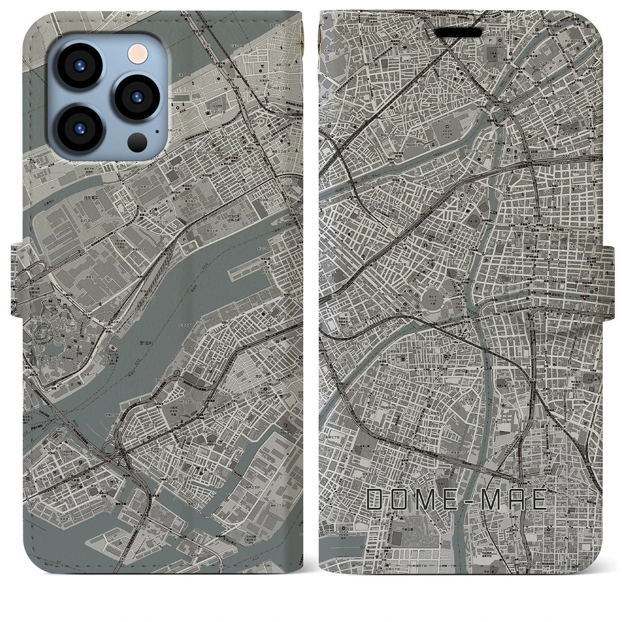 【ドーム前(大阪府)】地図柄iPhoneケース(手帳タイプ)モノトーン・iPhone 13 Pro Max 用
