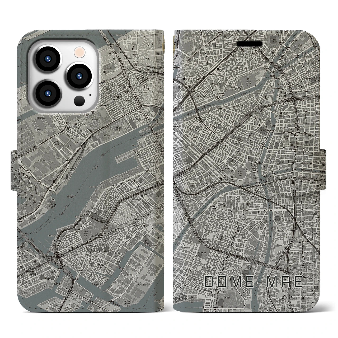 【ドーム前(大阪府)】地図柄iPhoneケース(手帳タイプ)モノトーン・iPhone 13 Pro 用