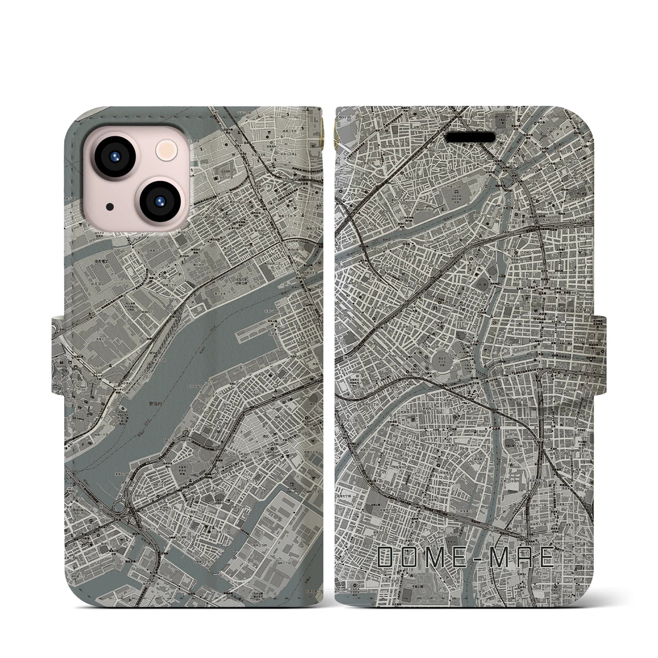 【ドーム前(大阪府)】地図柄iPhoneケース(手帳タイプ)モノトーン・iPhone 13 mini 用