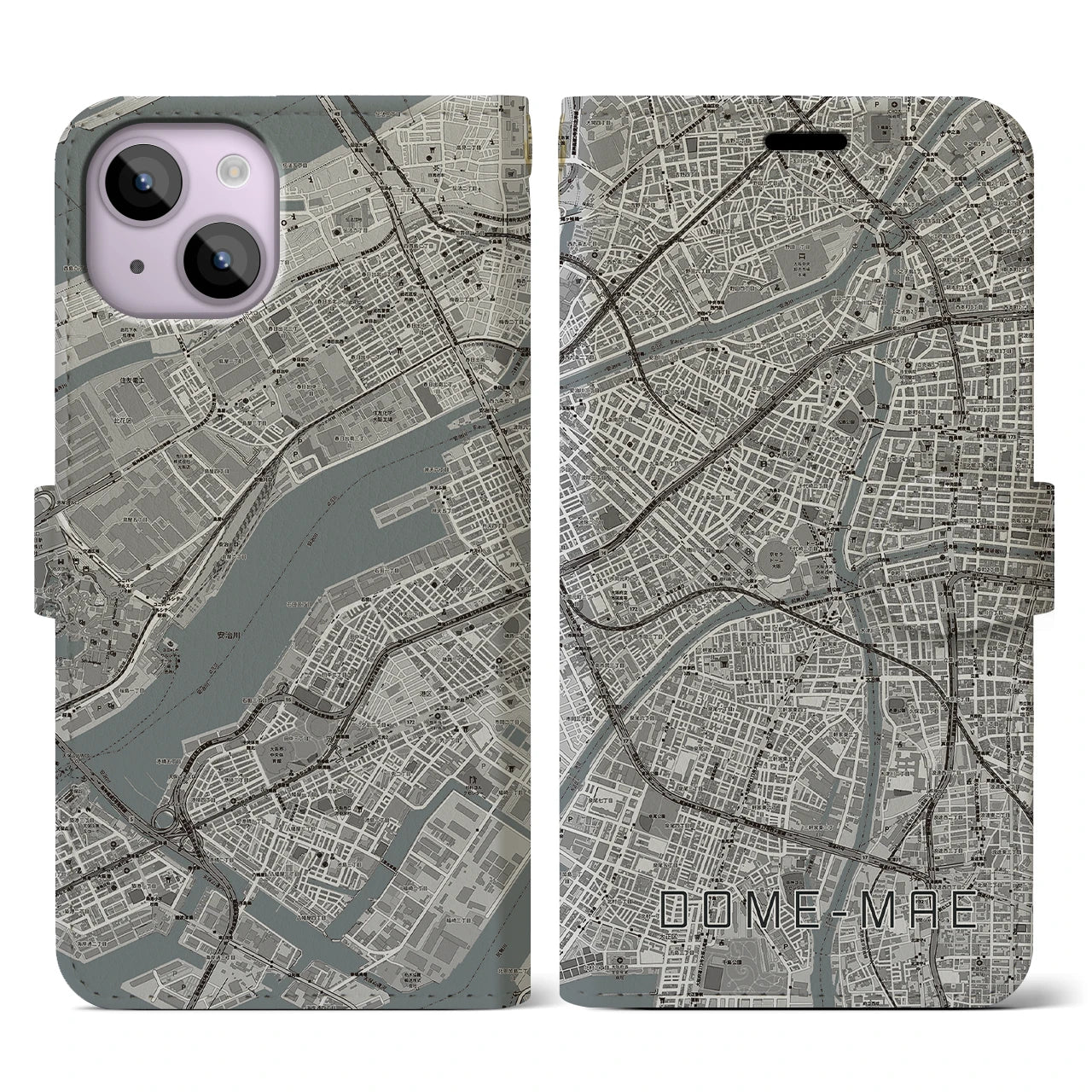 【ドーム前(大阪府)】地図柄iPhoneケース(手帳タイプ)モノトーン・iPhone 14 用