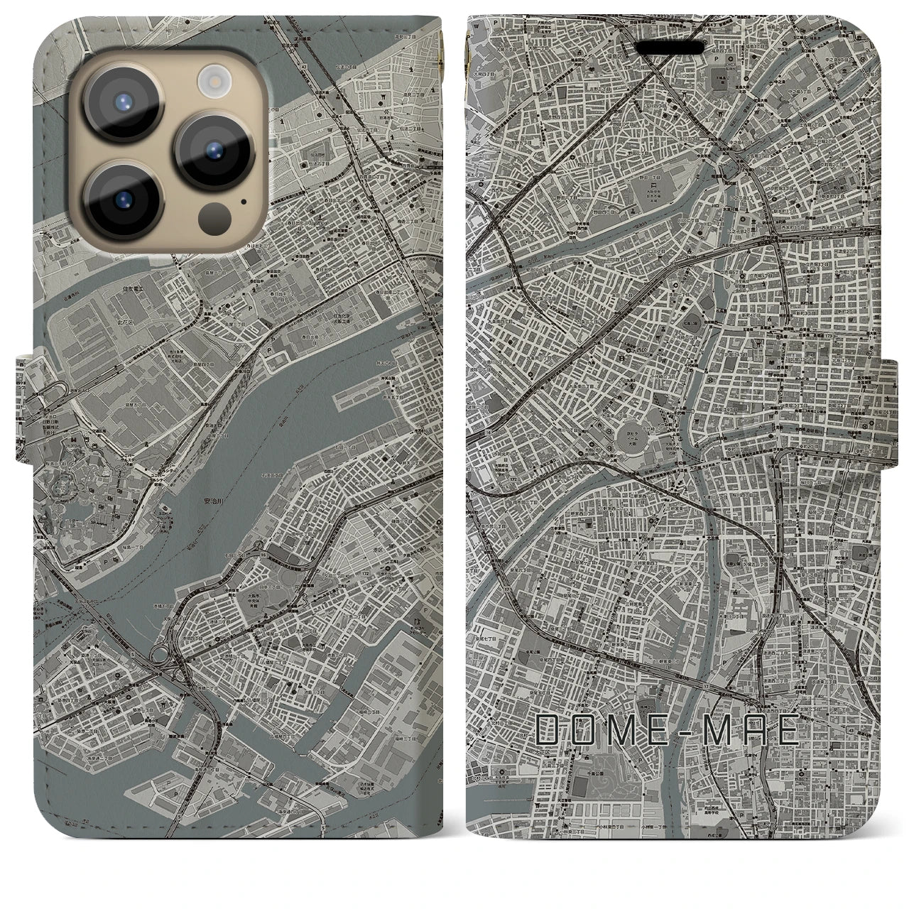 【ドーム前(大阪府)】地図柄iPhoneケース(手帳タイプ)モノトーン・iPhone 14 Pro Max 用