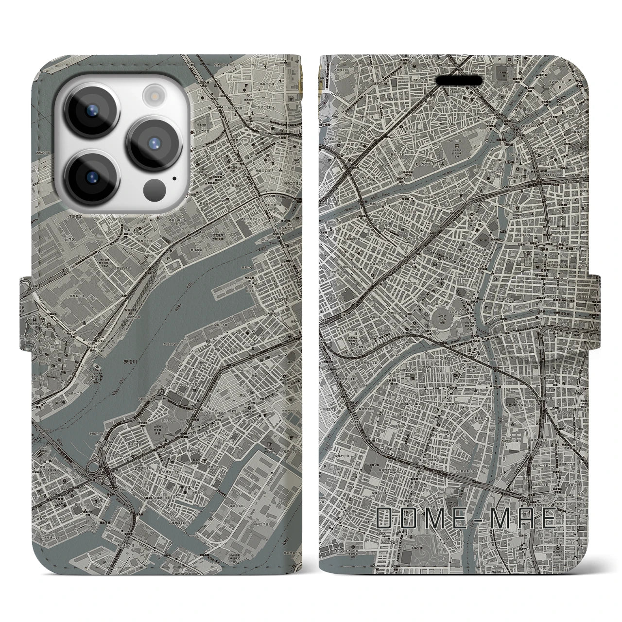 【ドーム前(大阪府)】地図柄iPhoneケース(手帳タイプ)モノトーン・iPhone 14 Pro 用