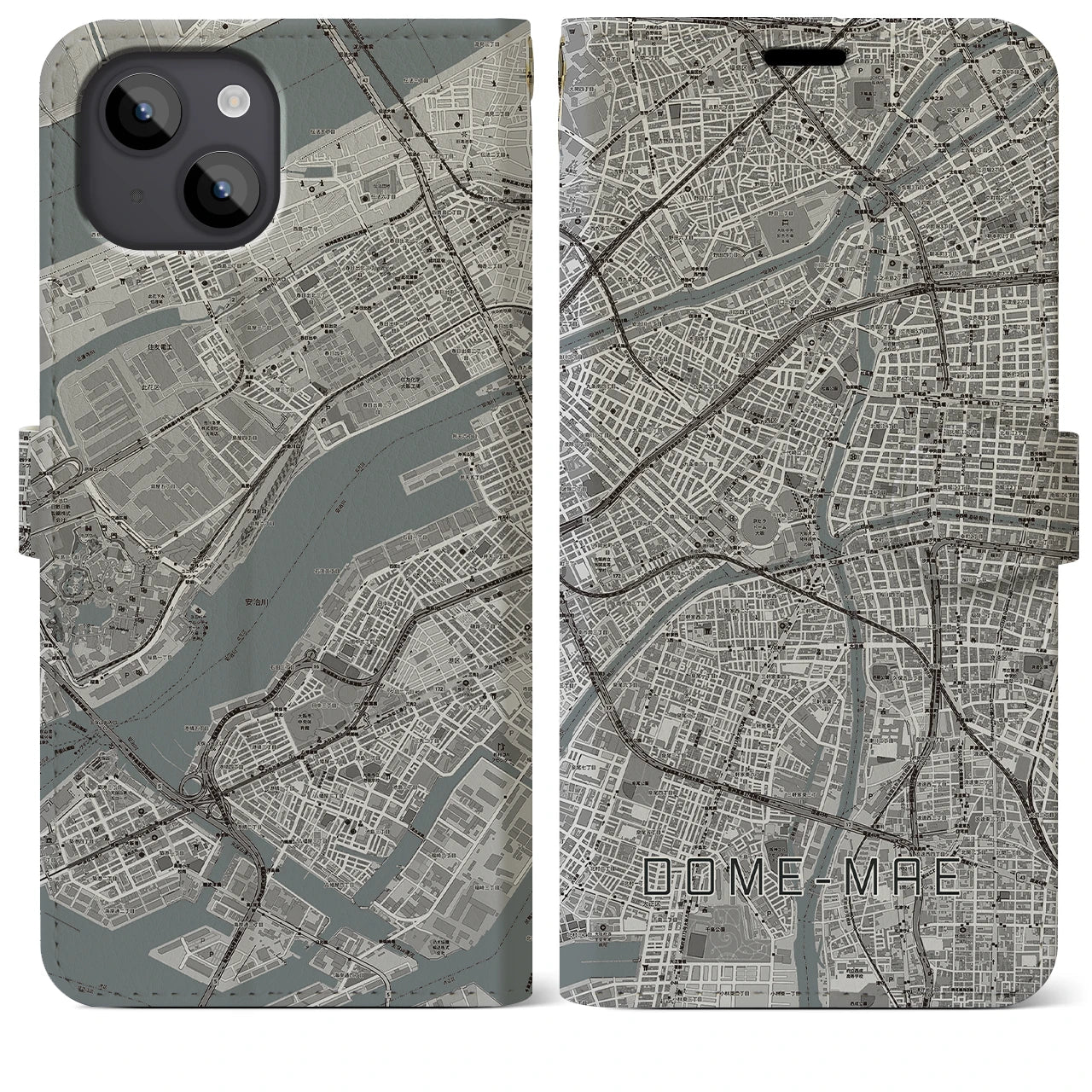 【ドーム前(大阪府)】地図柄iPhoneケース(手帳タイプ)モノトーン・iPhone 14 Plus 用