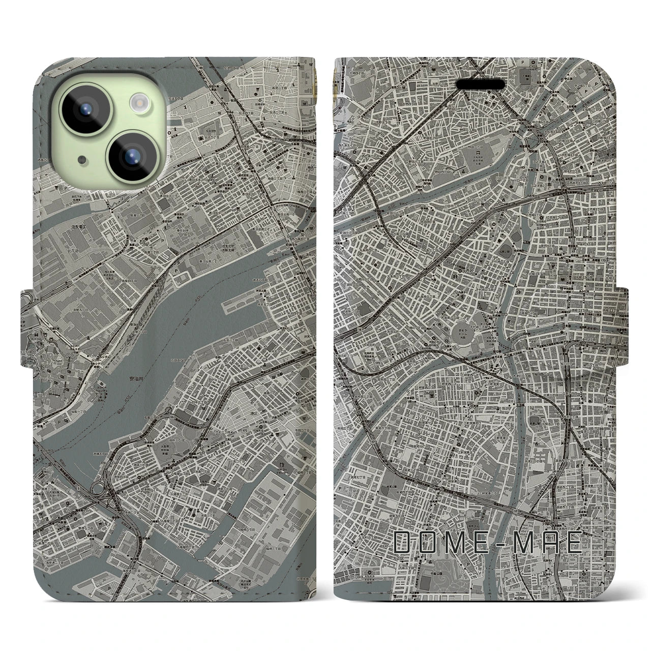【ドーム前(大阪府)】地図柄iPhoneケース(手帳タイプ)モノトーン・iPhone 15 用
