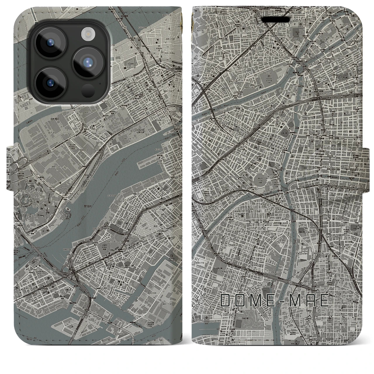【ドーム前(大阪府)】地図柄iPhoneケース(手帳タイプ)モノトーン・iPhone 15 Pro Max 用