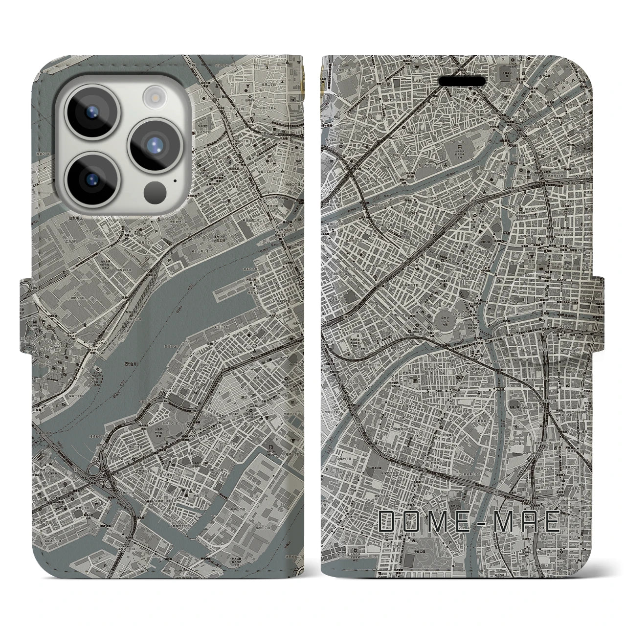 【ドーム前(大阪府)】地図柄iPhoneケース(手帳タイプ)モノトーン・iPhone 15 Pro 用