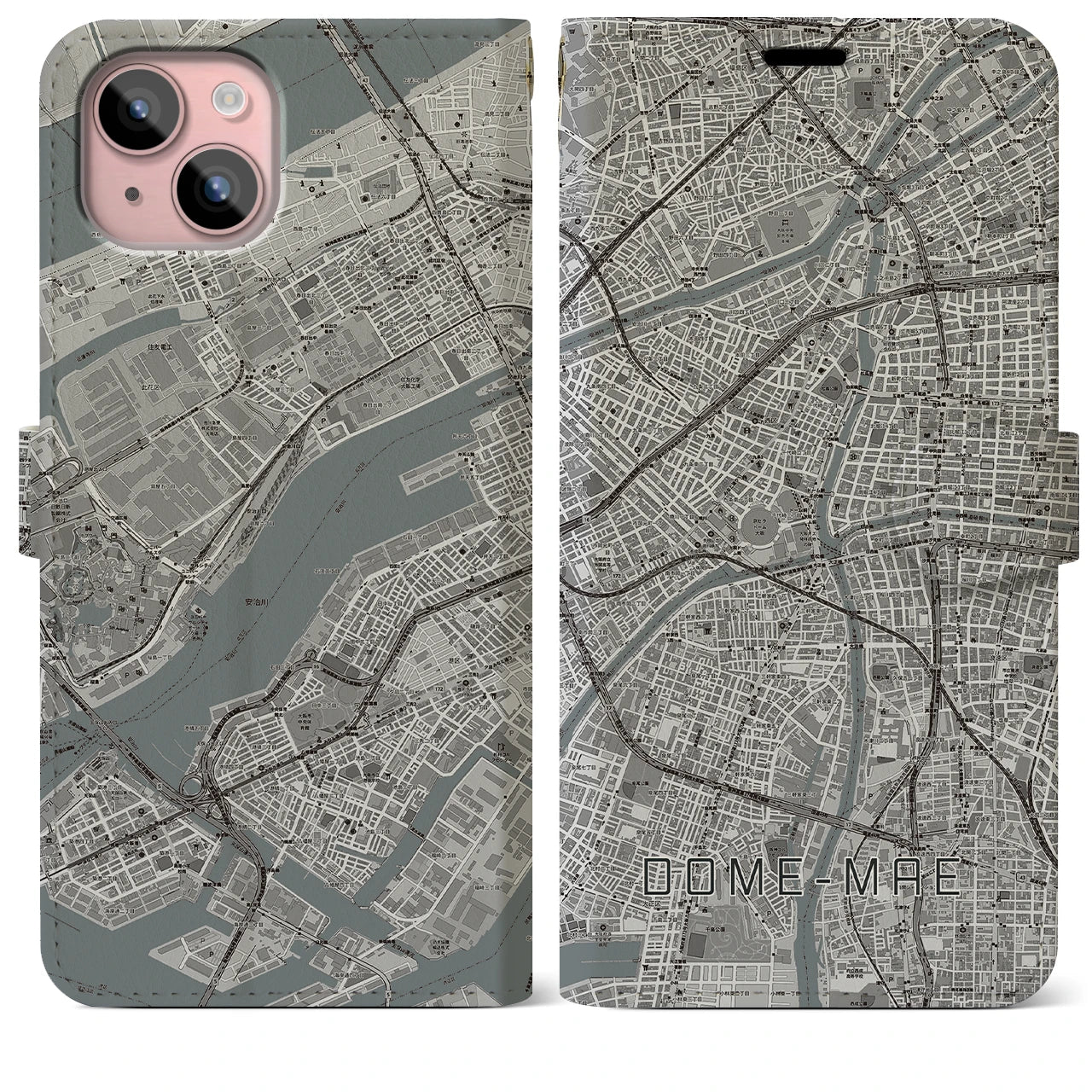 【ドーム前(大阪府)】地図柄iPhoneケース(手帳タイプ)モノトーン・iPhone 15 Plus 用