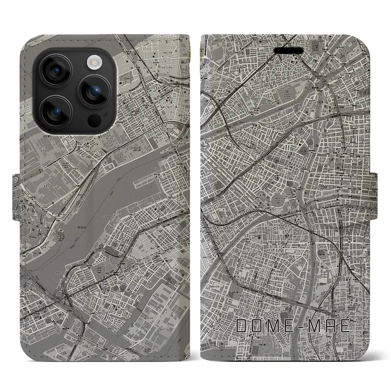 【ドーム前(大阪府)】地図柄iPhoneケース(手帳タイプ)モノトーン・iPhone 16 用