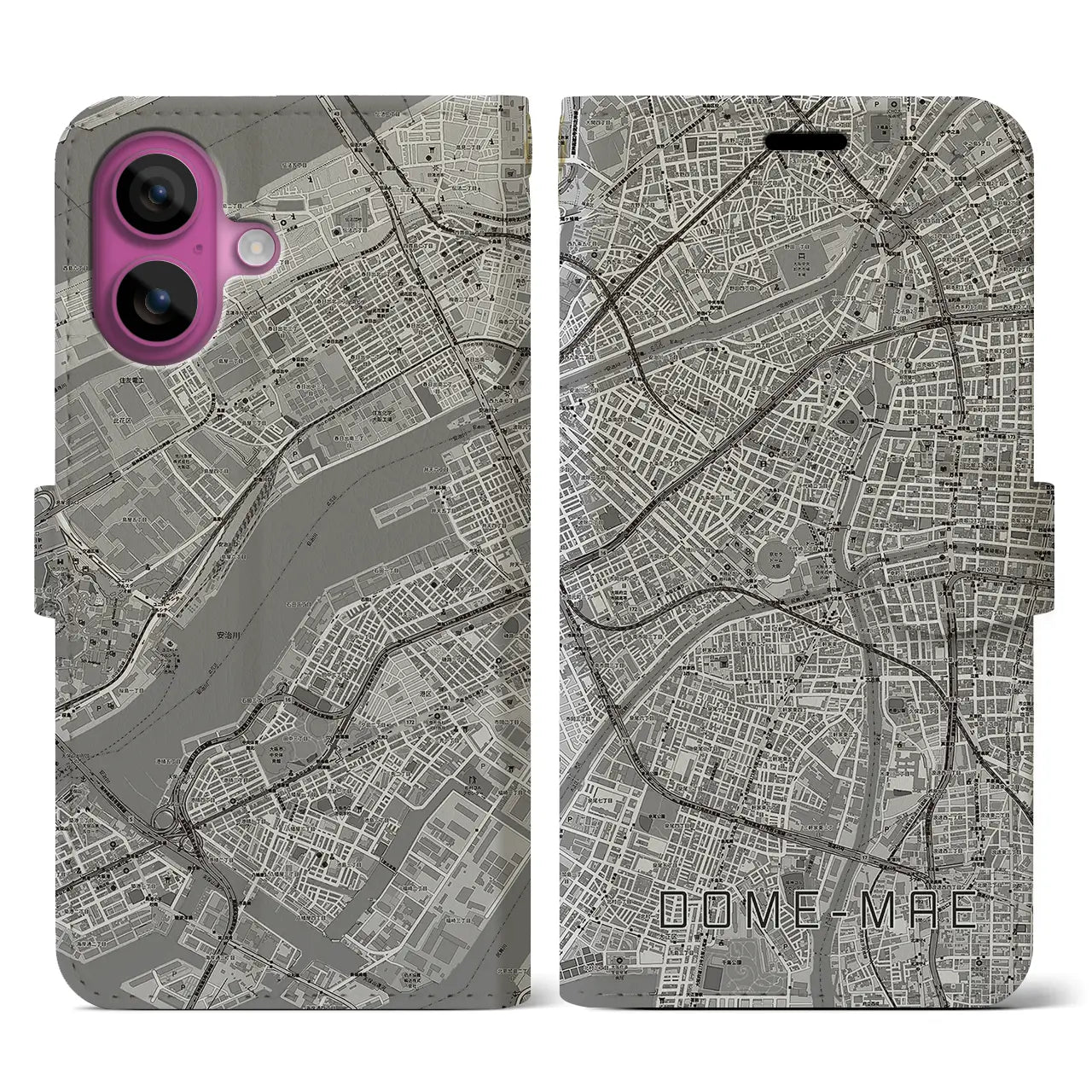 【ドーム前(大阪府)】地図柄iPhoneケース(手帳タイプ)モノトーン・iPhone 16 Pro 用