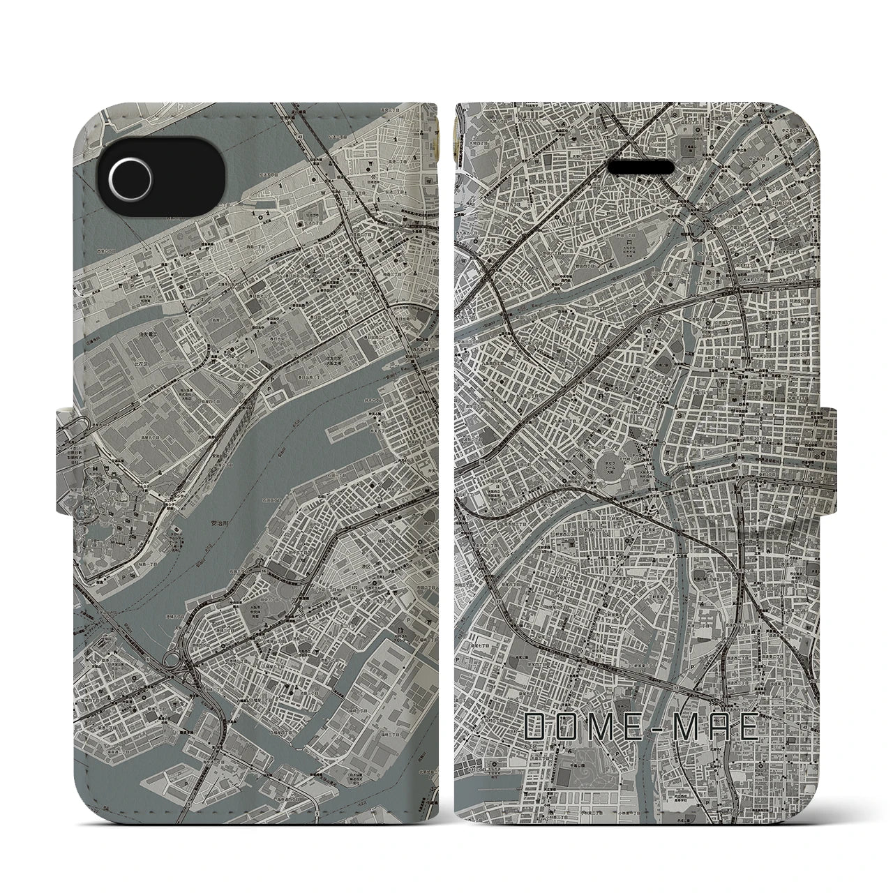 【ドーム前(大阪府)】地図柄iPhoneケース(手帳タイプ)モノトーン・iPhone SE(第3 / 第2世代) / 8 / 7 / 6s / 6 用