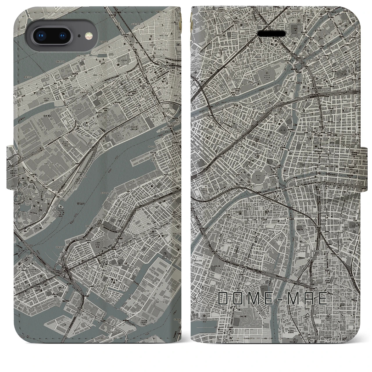 【ドーム前(大阪府)】地図柄iPhoneケース(手帳タイプ)モノトーン・iPhone 8Plus /7Plus / 6sPlus / 6Plus 用