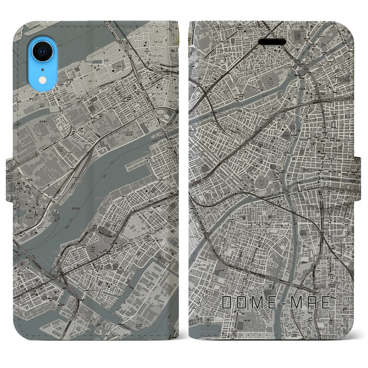 【ドーム前(大阪府)】地図柄iPhoneケース(手帳タイプ)モノトーン・iPhone XR 用