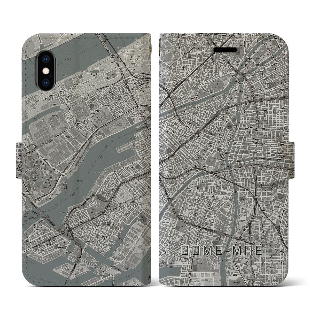 【ドーム前(大阪府)】地図柄iPhoneケース(手帳タイプ)モノトーン・iPhone XS / X 用