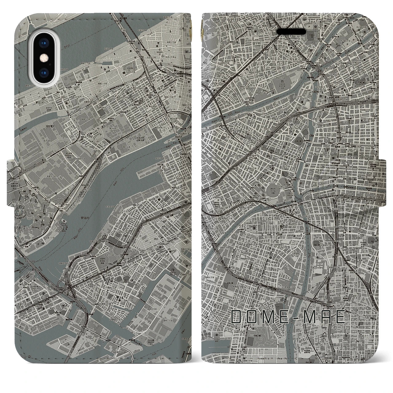 【ドーム前(大阪府)】地図柄iPhoneケース(手帳タイプ)モノトーン・iPhone XS Max 用