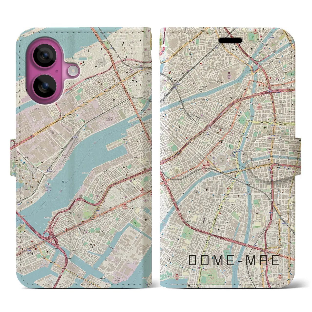 【ドーム前(大阪府)】地図柄iPhoneケース(手帳タイプ)ナチュラル・iPhone 16 Pro 用
