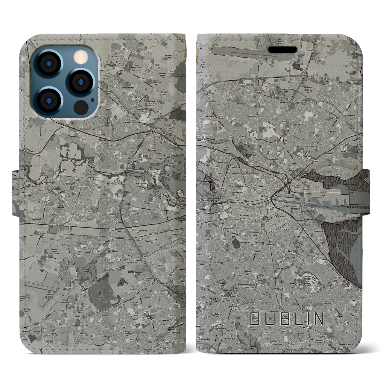 【ダブリン(アイルランド)】地図柄iPhoneケース(手帳タイプ)モノトーン・iPhone 12 / 12 Pro 用