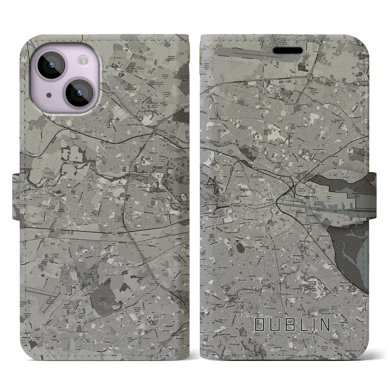 【ダブリン(アイルランド)】地図柄iPhoneケース(手帳タイプ)モノトーン・iPhone 14 用