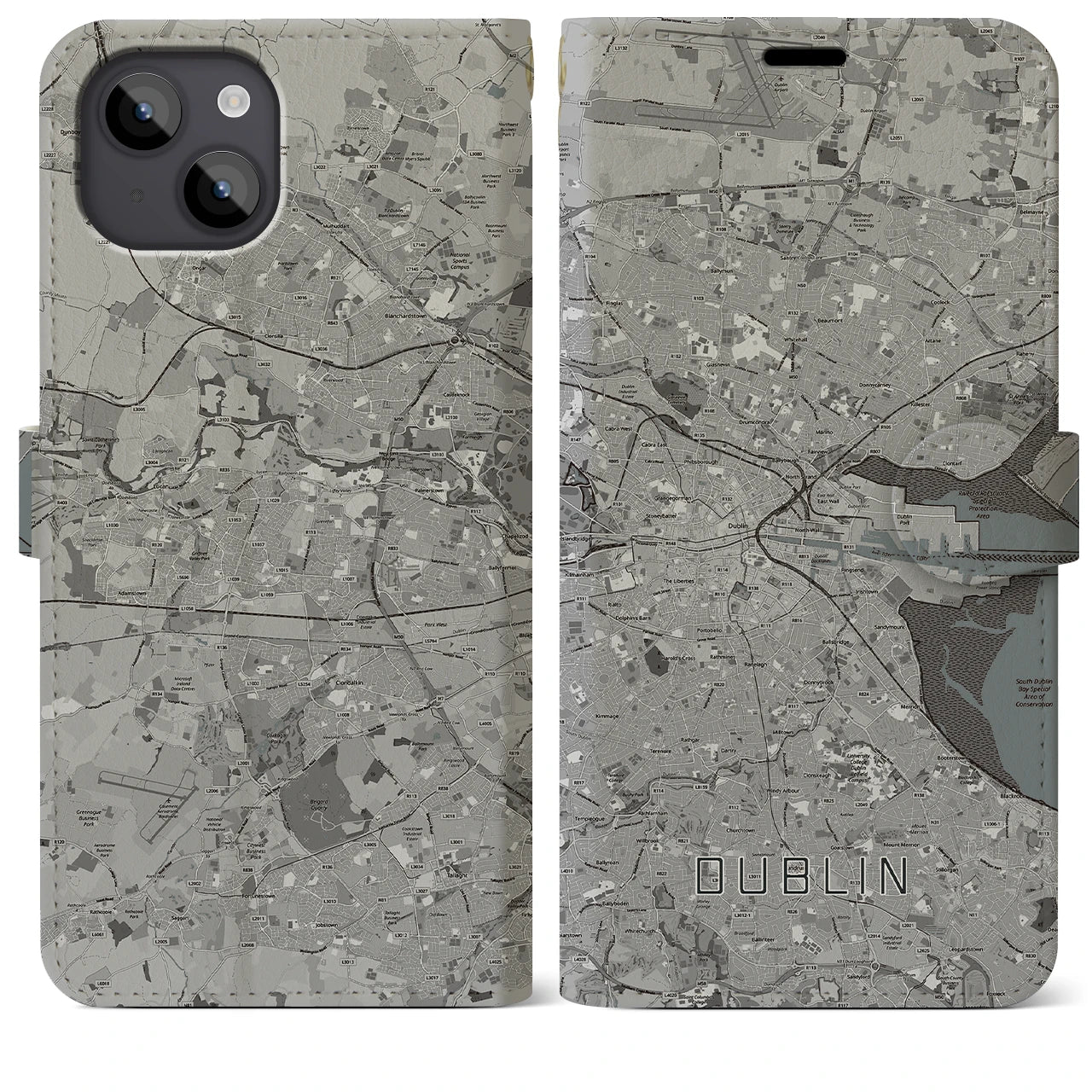 【ダブリン(アイルランド)】地図柄iPhoneケース(手帳タイプ)モノトーン・iPhone 14 Plus 用