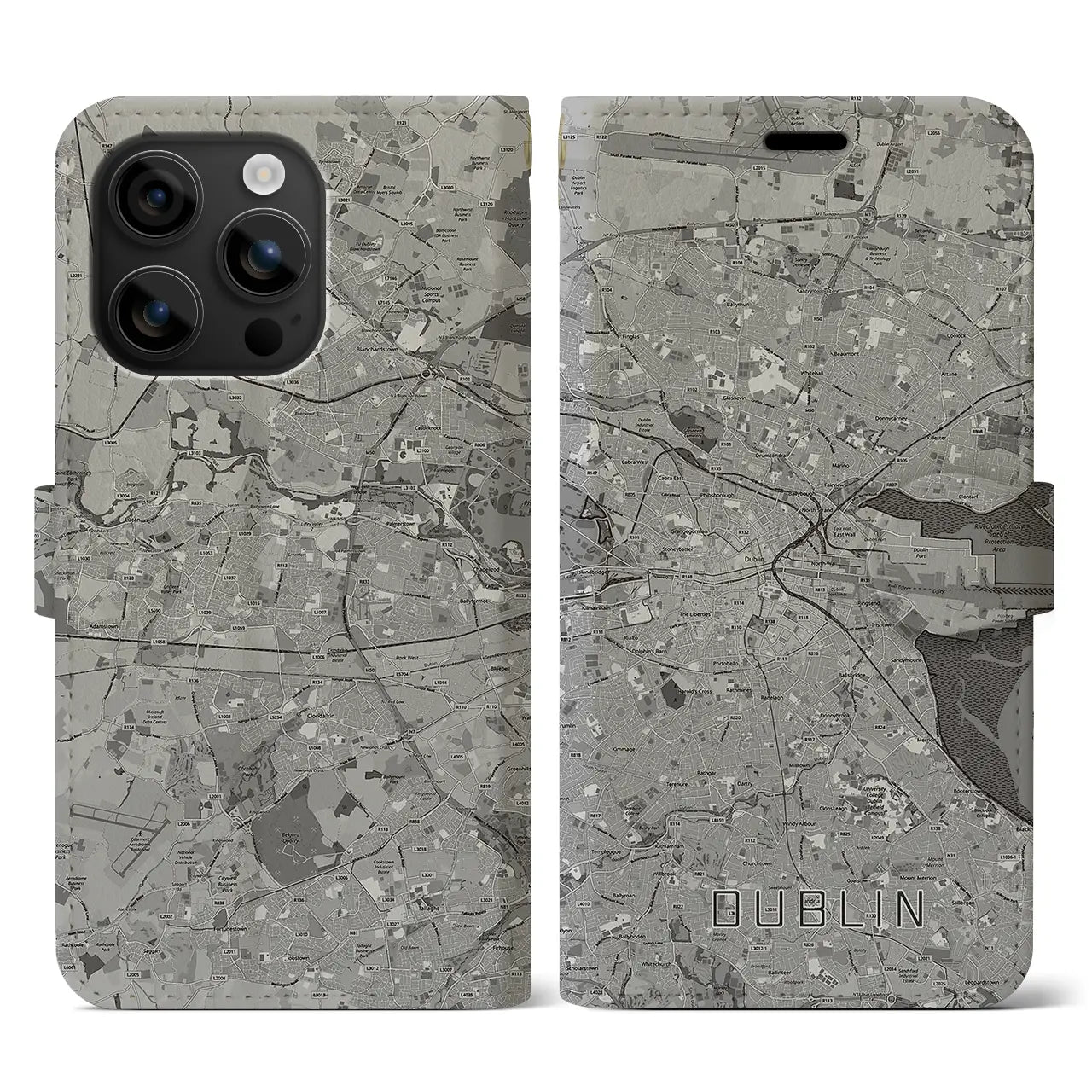 【ダブリン(アイルランド)】地図柄iPhoneケース(手帳タイプ)モノトーン・iPhone 16 用