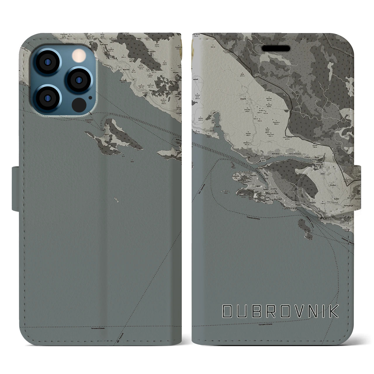 【ドゥブロヴニク(クロアチア)】地図柄iPhoneケース(手帳タイプ)モノトーン・iPhone 12 / 12 Pro 用