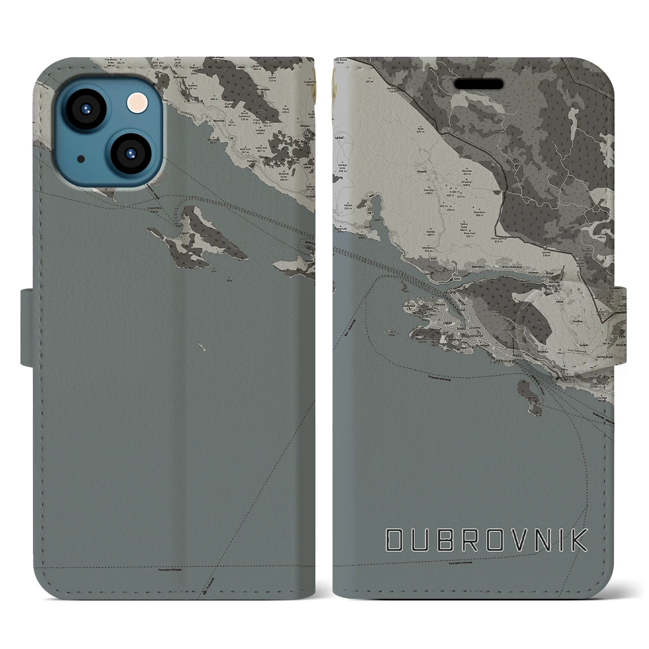 【ドゥブロヴニク(クロアチア)】地図柄iPhoneケース(手帳タイプ)モノトーン・iPhone 13 用