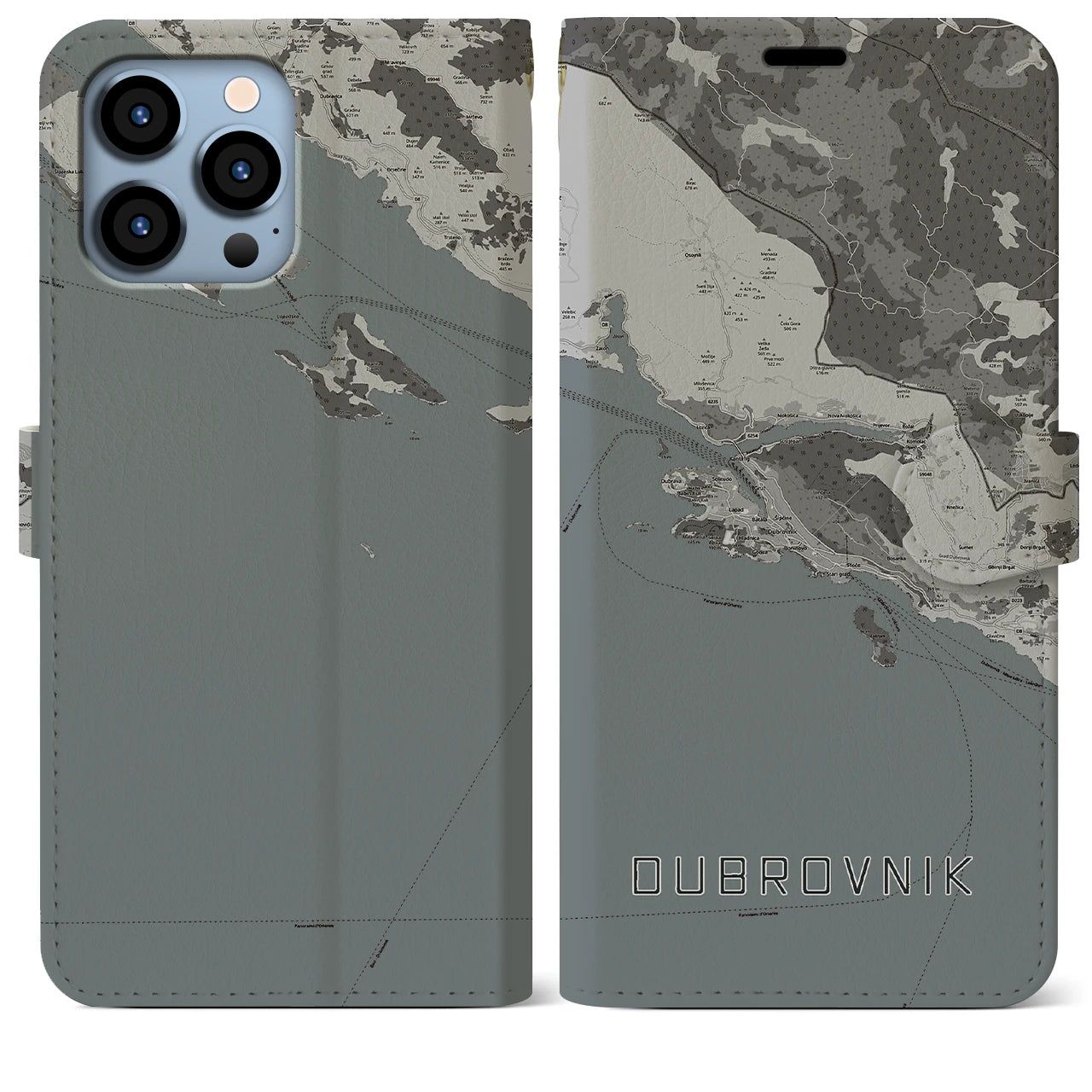 【ドゥブロヴニク(クロアチア)】地図柄iPhoneケース(手帳タイプ)モノトーン・iPhone 13 Pro Max 用