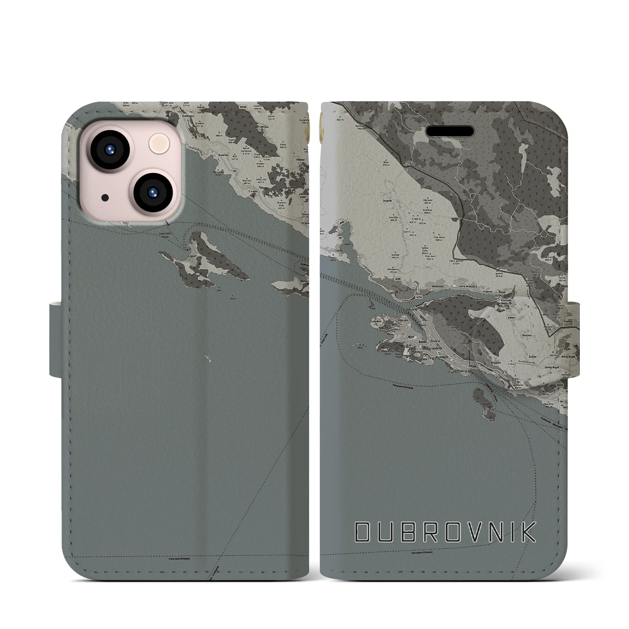 【ドゥブロヴニク(クロアチア)】地図柄iPhoneケース(手帳タイプ)モノトーン・iPhone 13 mini 用