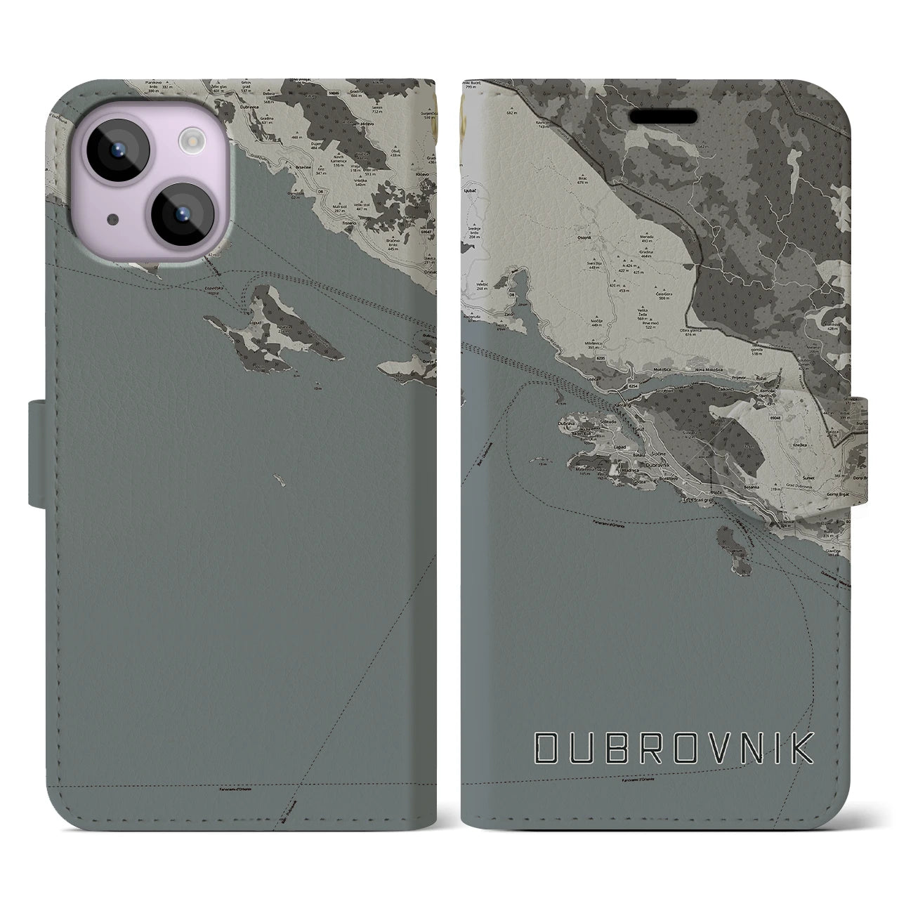 【ドゥブロヴニク(クロアチア)】地図柄iPhoneケース(手帳タイプ)モノトーン・iPhone 14 用