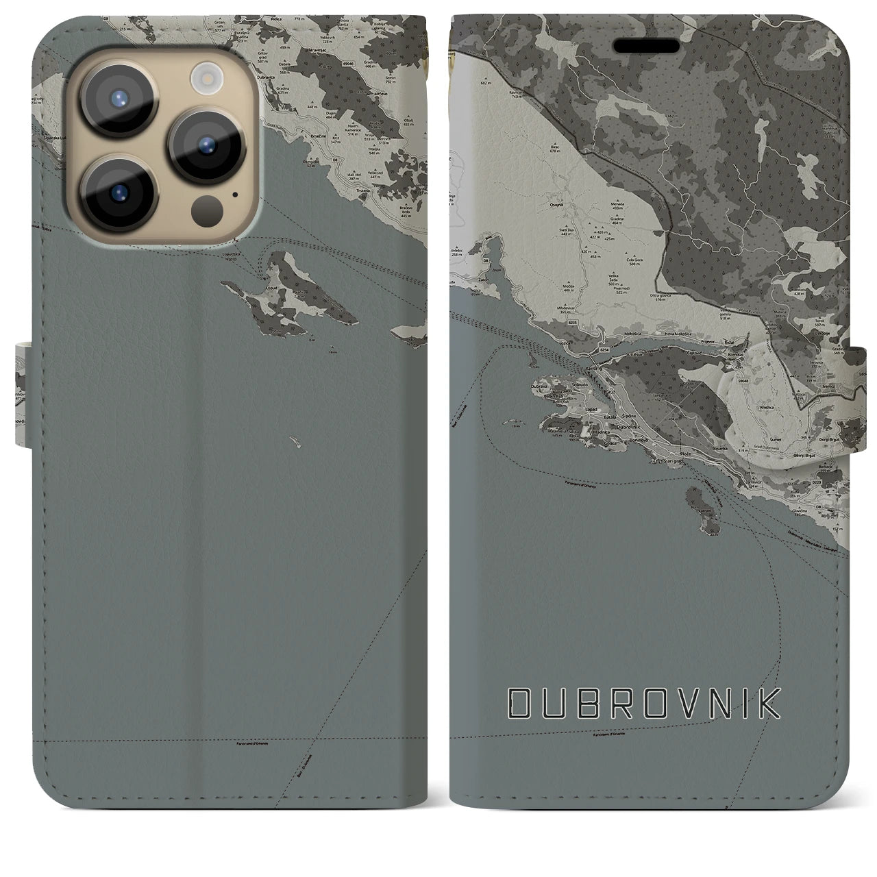 【ドゥブロヴニク(クロアチア)】地図柄iPhoneケース(手帳タイプ)モノトーン・iPhone 14 Pro Max 用