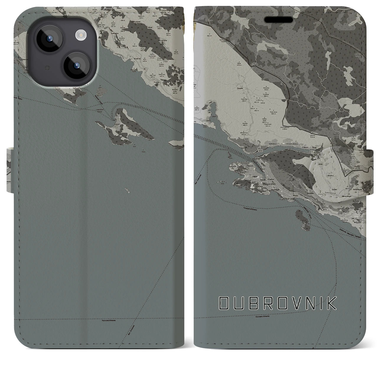 【ドゥブロヴニク(クロアチア)】地図柄iPhoneケース(手帳タイプ)モノトーン・iPhone 14 Plus 用