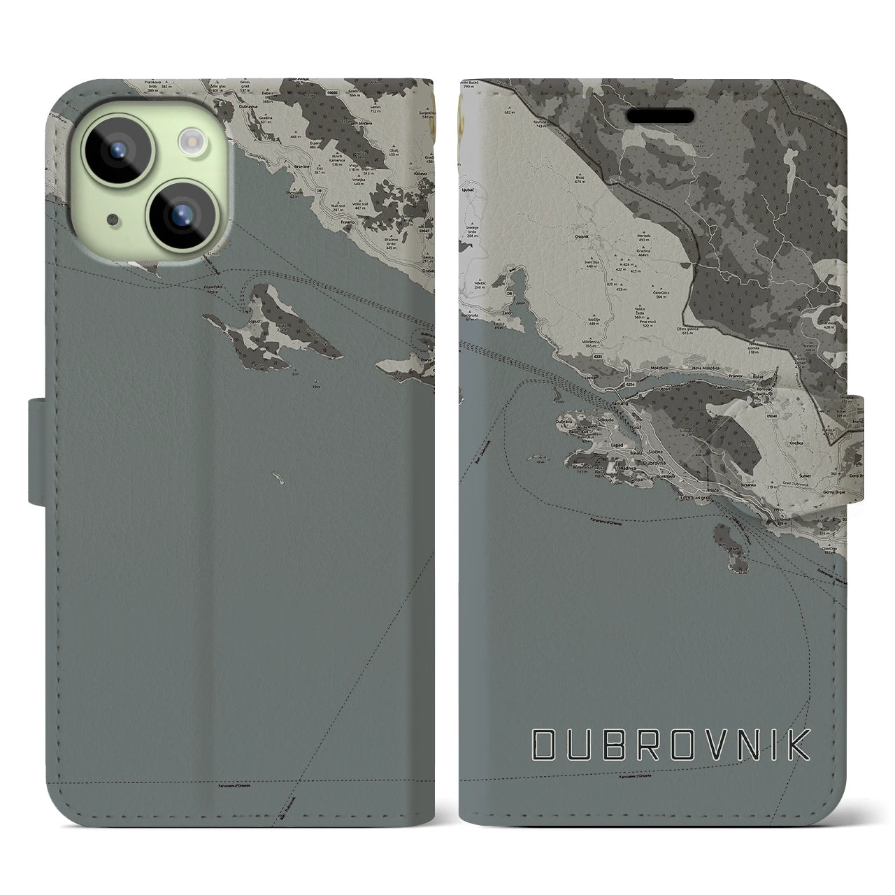 【ドゥブロヴニク(クロアチア)】地図柄iPhoneケース(手帳タイプ)モノトーン・iPhone 15 用