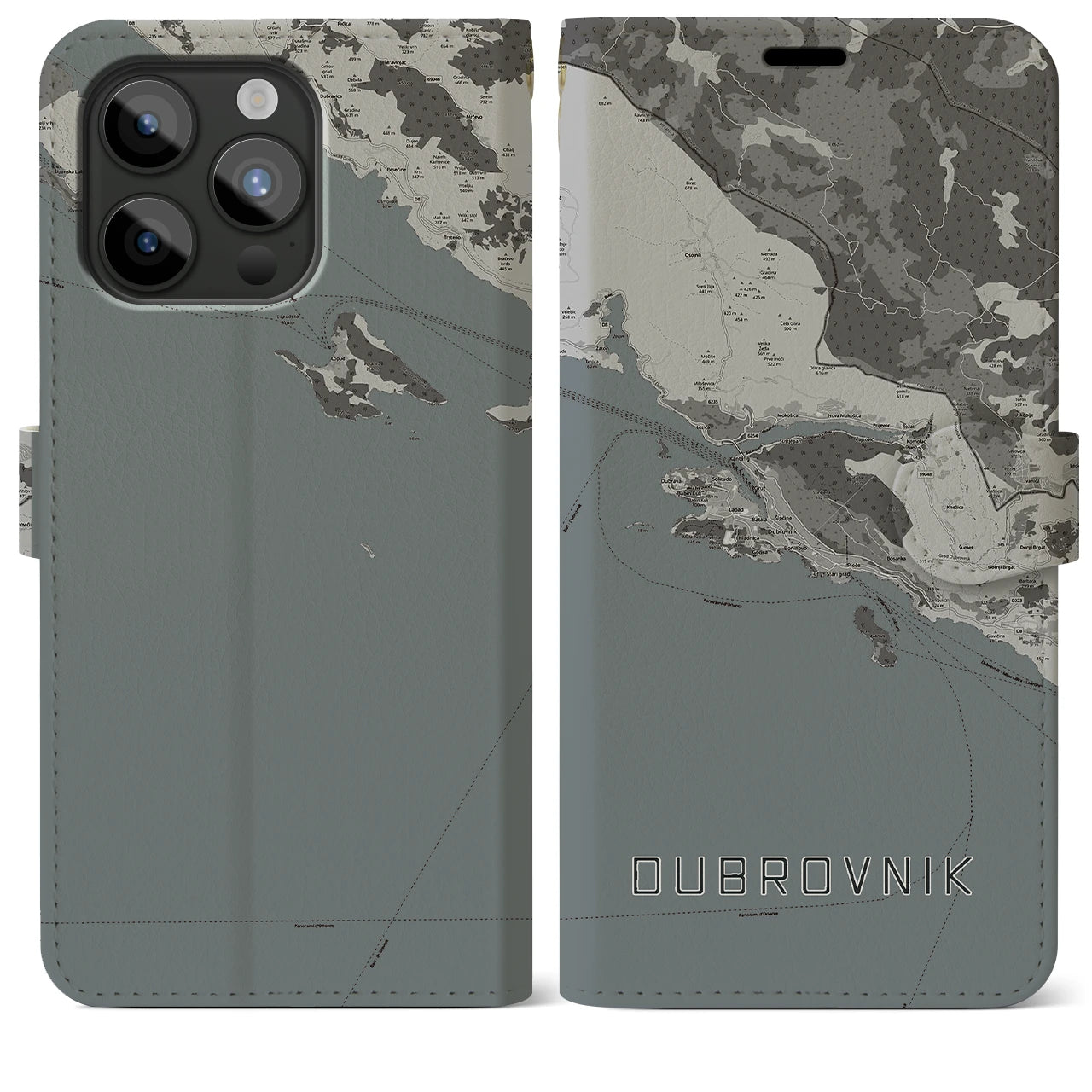 【ドゥブロヴニク(クロアチア)】地図柄iPhoneケース(手帳タイプ)モノトーン・iPhone 15 Pro Max 用