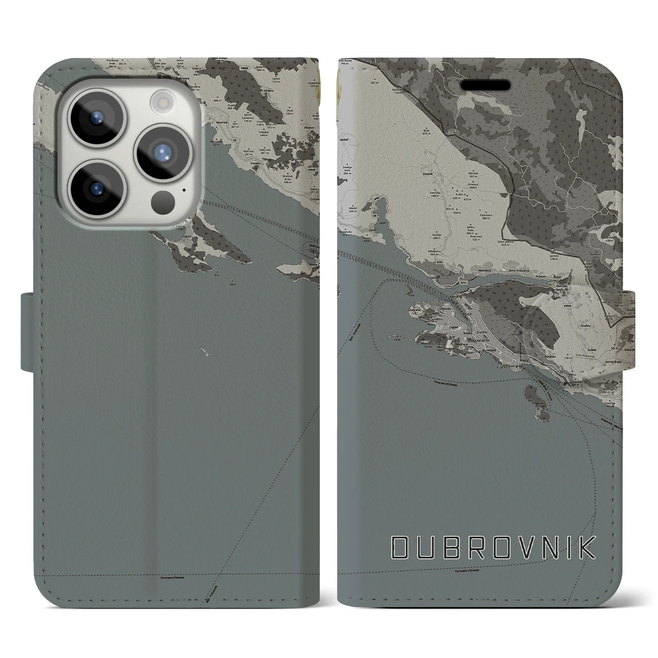 【ドゥブロヴニク(クロアチア)】地図柄iPhoneケース(手帳タイプ)モノトーン・iPhone 15 Pro 用