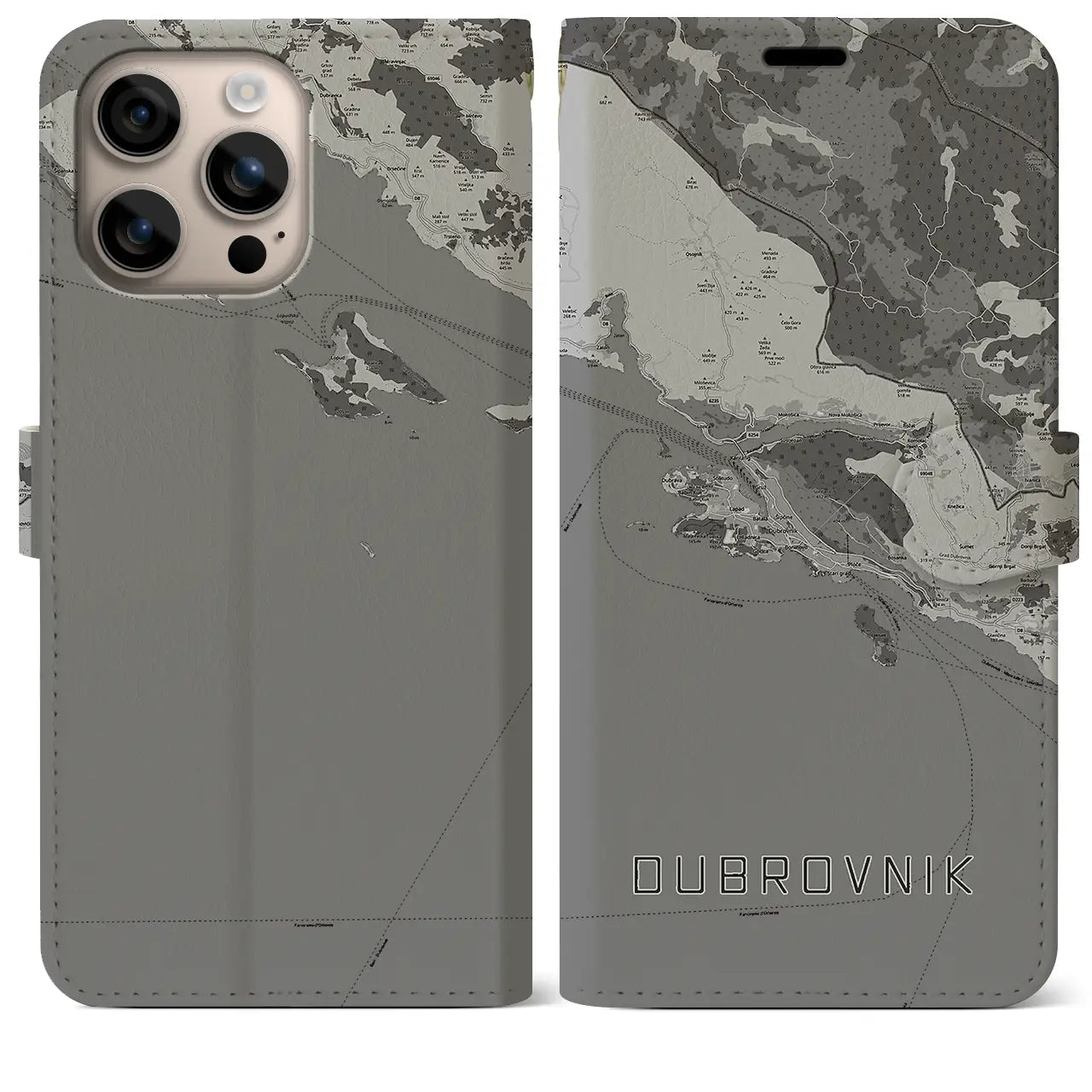 【ドゥブロヴニク(クロアチア)】地図柄iPhoneケース(手帳タイプ)モノトーン・iPhone 16 Plus 用