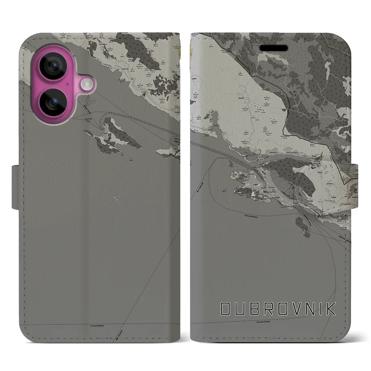 【ドゥブロヴニク(クロアチア)】地図柄iPhoneケース(手帳タイプ)モノトーン・iPhone 16 Pro 用
