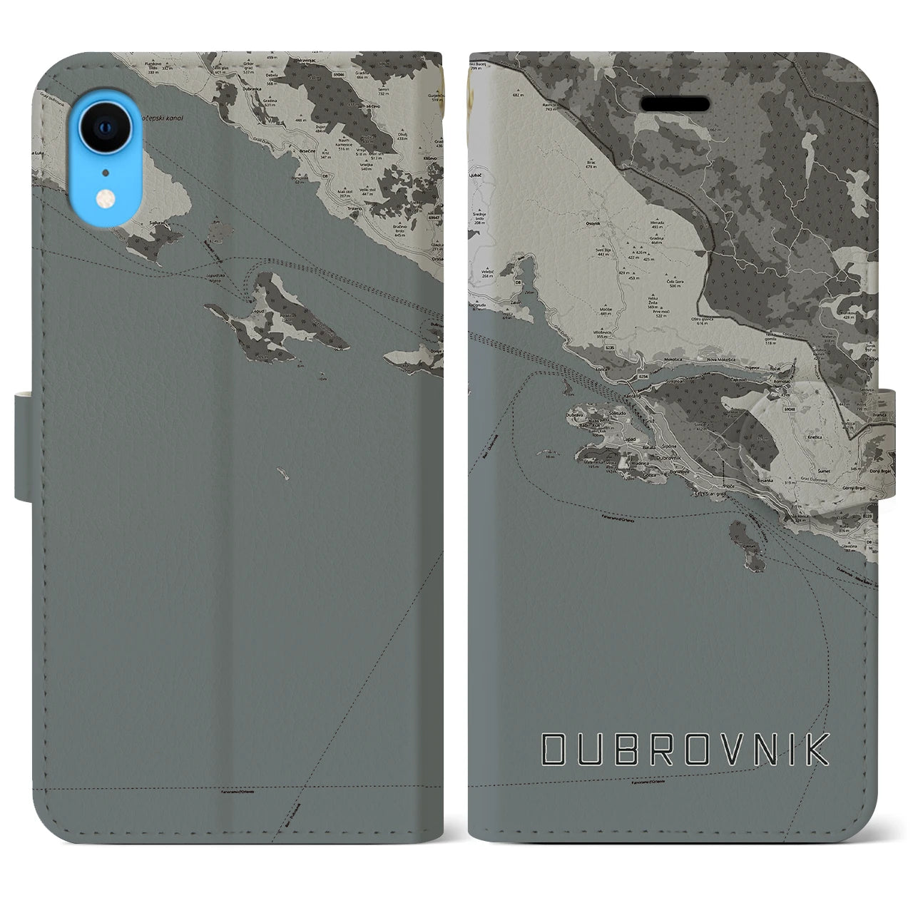 【ドゥブロヴニク(クロアチア)】地図柄iPhoneケース(手帳タイプ)モノトーン・iPhone XR 用