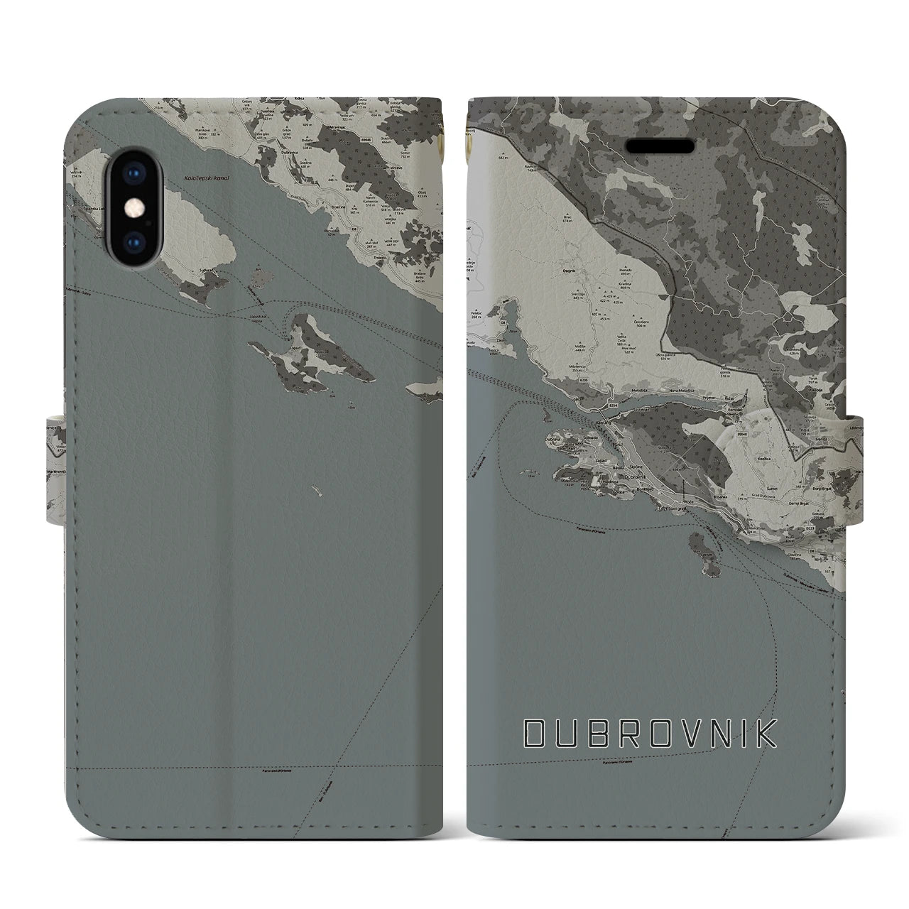 【ドゥブロヴニク(クロアチア)】地図柄iPhoneケース(手帳タイプ)モノトーン・iPhone XS / X 用