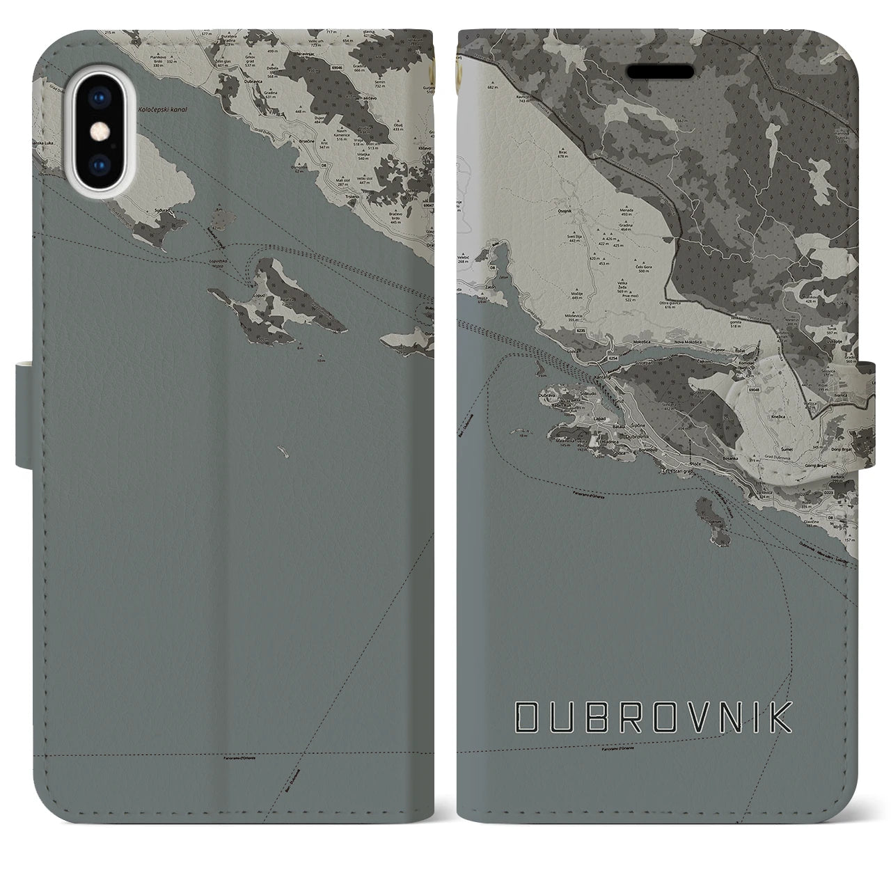 【ドゥブロヴニク(クロアチア)】地図柄iPhoneケース(手帳タイプ)モノトーン・iPhone XS Max 用