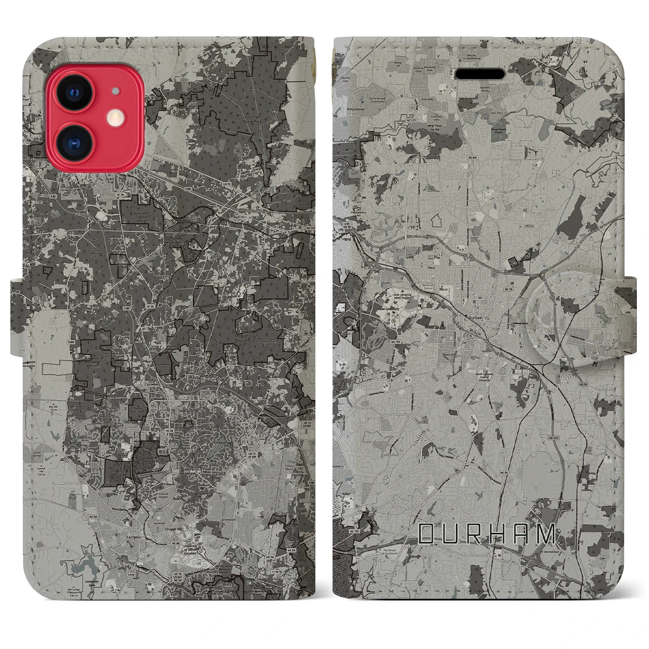 【ダーラム(アメリカ)】地図柄iPhoneケース(手帳タイプ)モノトーン・iPhone 11 用