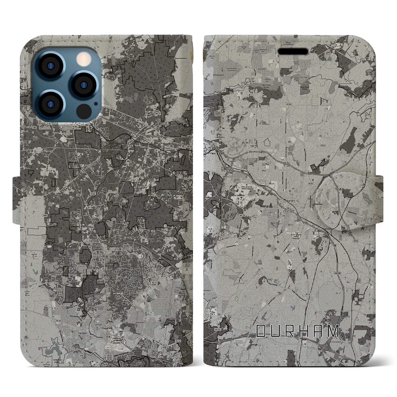 【ダーラム(アメリカ)】地図柄iPhoneケース(手帳タイプ)モノトーン・iPhone 12 / 12 Pro 用