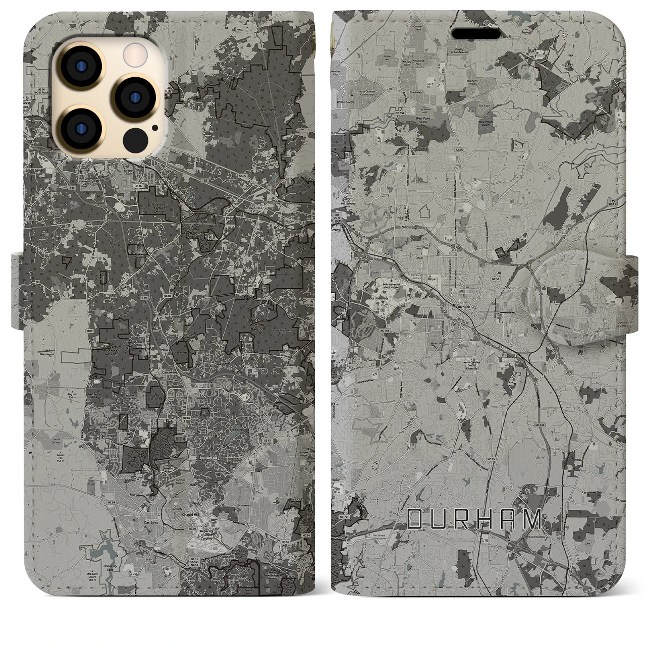 【ダーラム(アメリカ)】地図柄iPhoneケース(手帳タイプ)モノトーン・iPhone 12 Pro Max 用