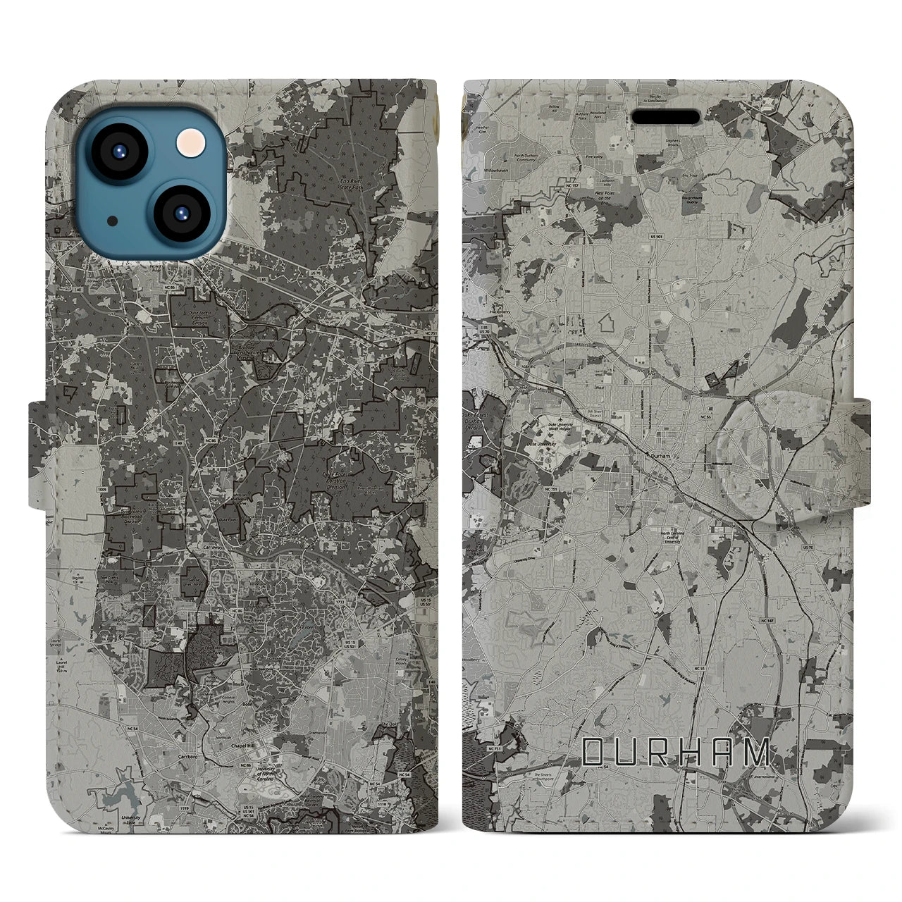 【ダーラム(アメリカ)】地図柄iPhoneケース(手帳タイプ)モノトーン・iPhone 13 用