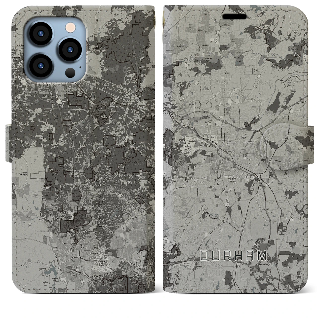 【ダーラム(アメリカ)】地図柄iPhoneケース(手帳タイプ)モノトーン・iPhone 13 Pro Max 用