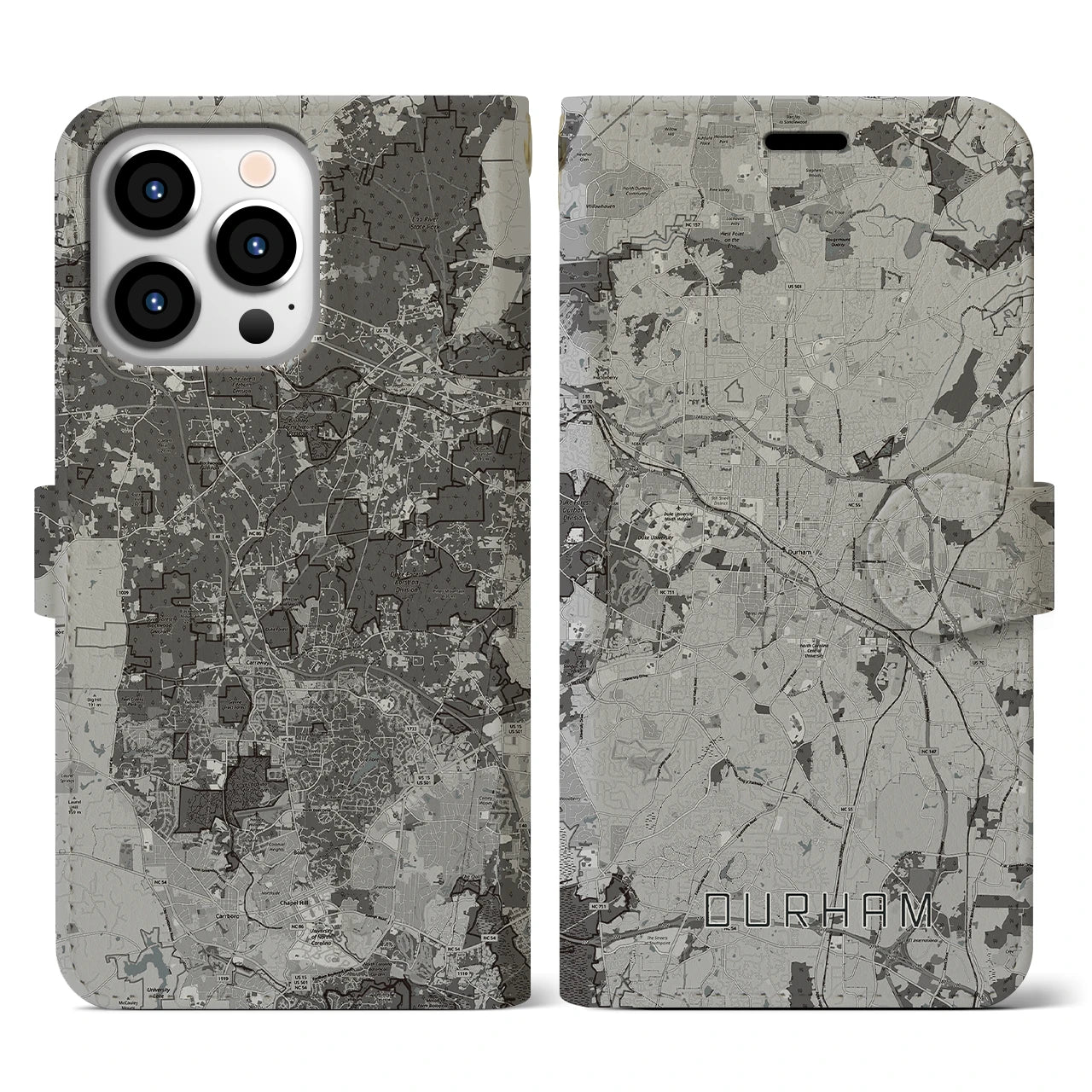 【ダーラム(アメリカ)】地図柄iPhoneケース(手帳タイプ)モノトーン・iPhone 13 Pro 用