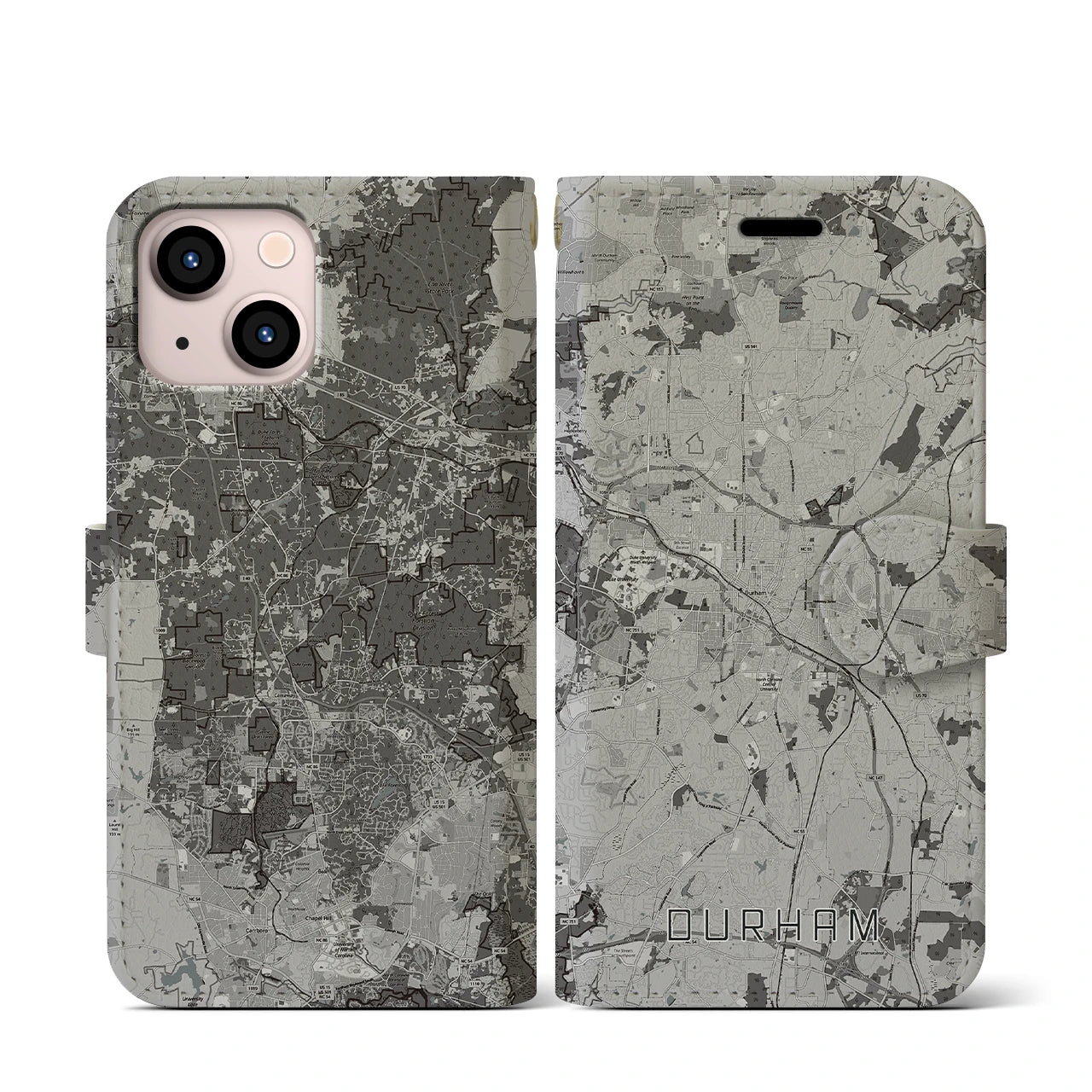 【ダーラム(アメリカ)】地図柄iPhoneケース(手帳タイプ)モノトーン・iPhone 13 mini 用