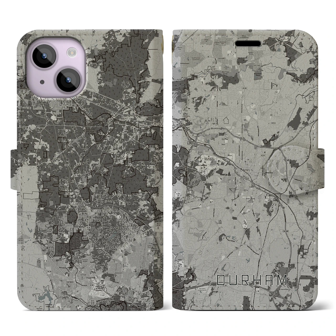 【ダーラム(アメリカ)】地図柄iPhoneケース(手帳タイプ)モノトーン・iPhone 14 用
