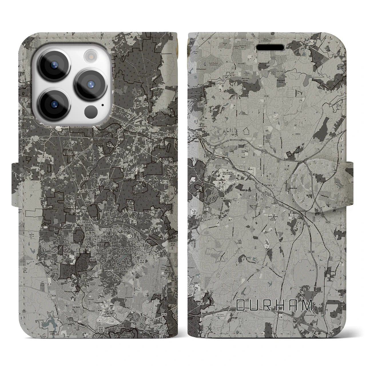 【ダーラム(アメリカ)】地図柄iPhoneケース(手帳タイプ)モノトーン・iPhone 14 Pro 用