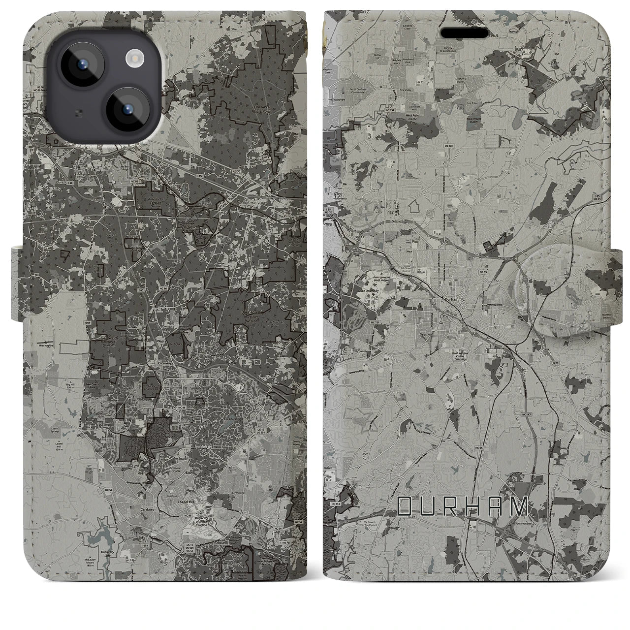 【ダーラム(アメリカ)】地図柄iPhoneケース(手帳タイプ)モノトーン・iPhone 14 Plus 用